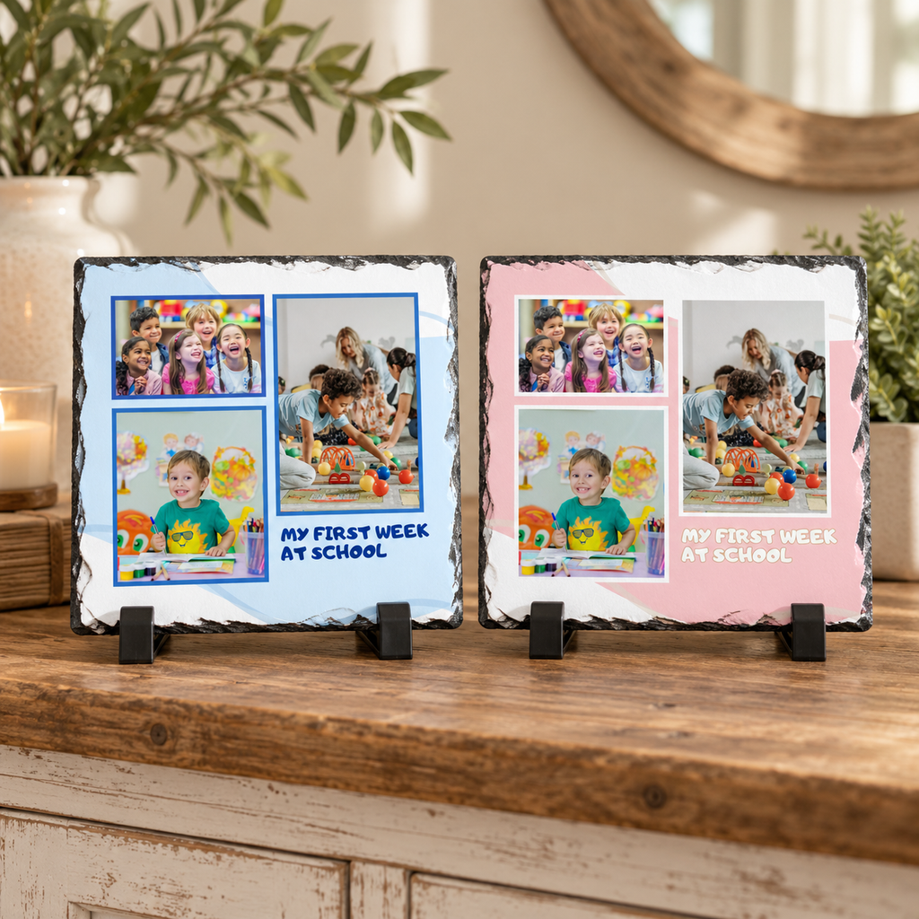 Personalised First Week at School Photo Slate – 3 Photo Collage – Pink or Blue – 20 × 20 cm