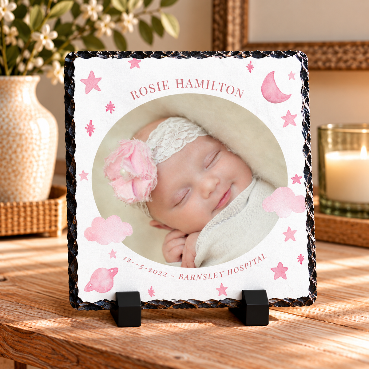 Personalised Baby Birth Photo Slate – Pink Moon, Stars & Clouds Design – 20 × 20 cm