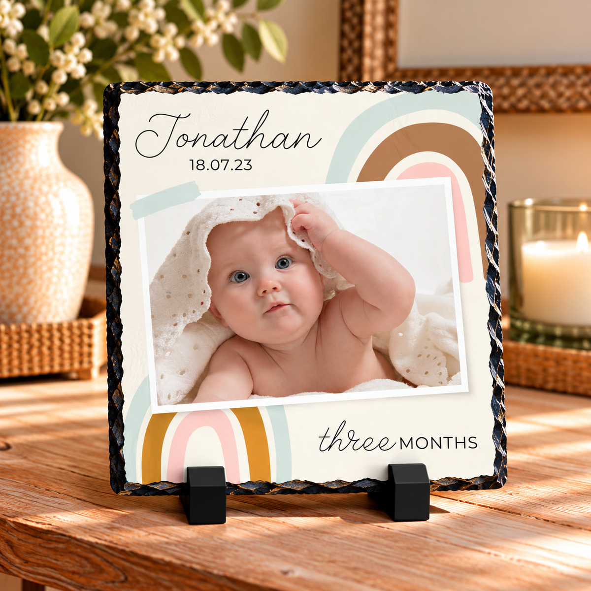 Personalised Baby Milestone Photo Slate – Boho Rainbow Design with Name & Age – 20 × 20 cm