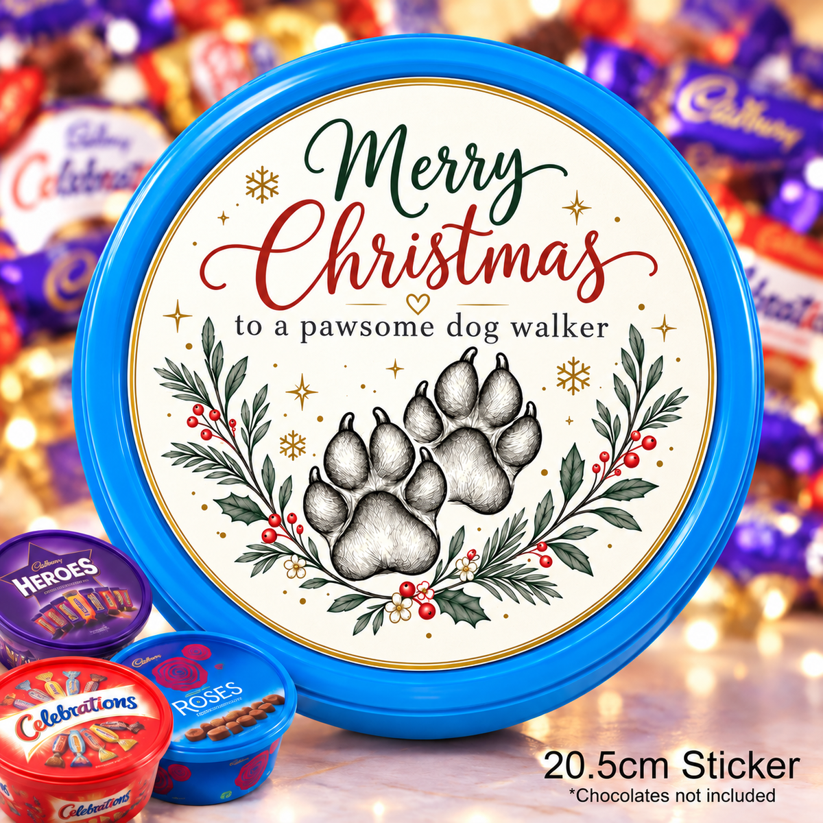 Christmas Chocolate Tub Sticker – Merry Christmas to a Pawsome Dog Walker