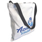 White tote bag with black straps and blue text on a white background