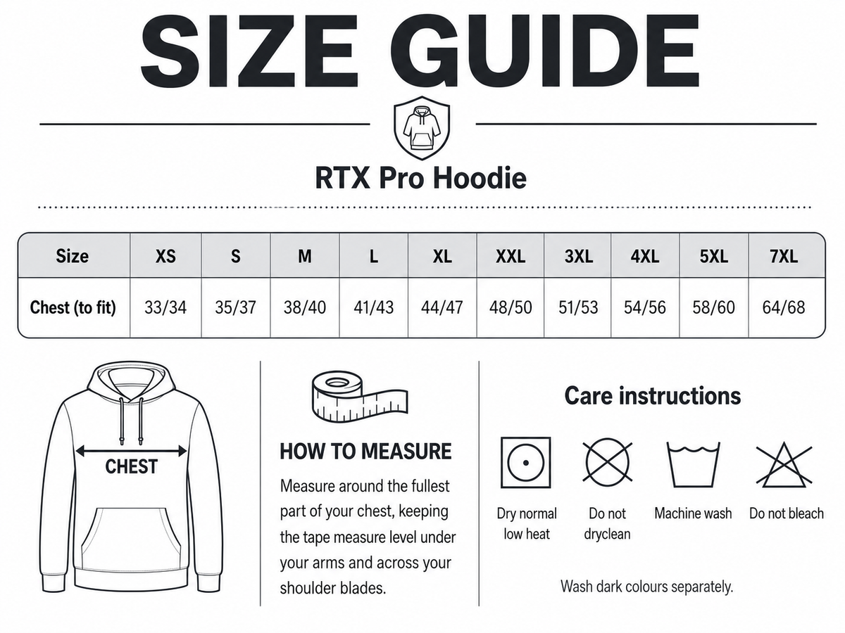 Size guide for RTX Pro Hoodie