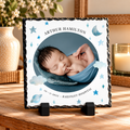 Personalised Baby Birth Photo Slate – Blue Moon, Stars & Clouds Design – 20 × 20 cm