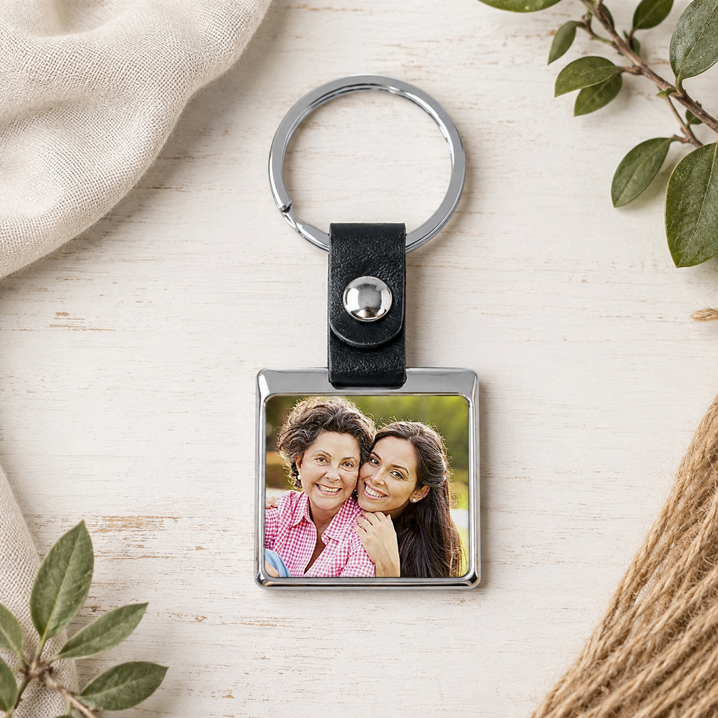 Photo Upload Square Photo Metal Keyring with Leather Strap – Gift Boxed