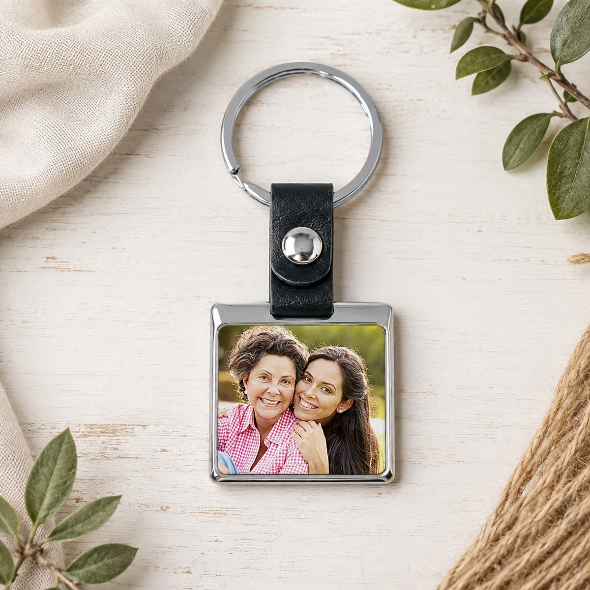 Photo Upload Square Photo Metal Keyring with Leather Strap – Gift Boxed