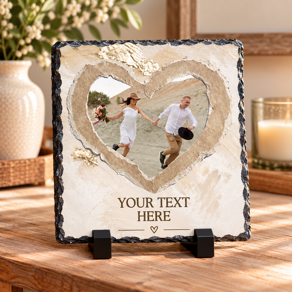 Personalised 1 Photo Heart Slate – Custom Text – 20 × 20 cm