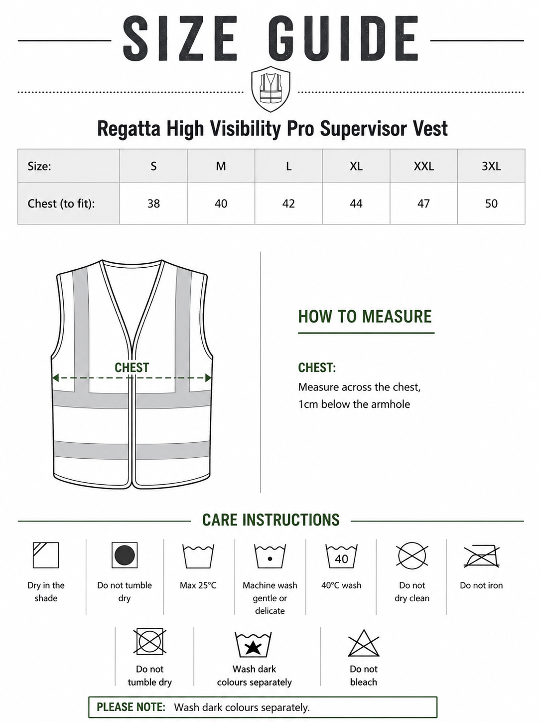 Size guide for Regatta High Visibility Pro Supervisor Vest Reg. High Vis
