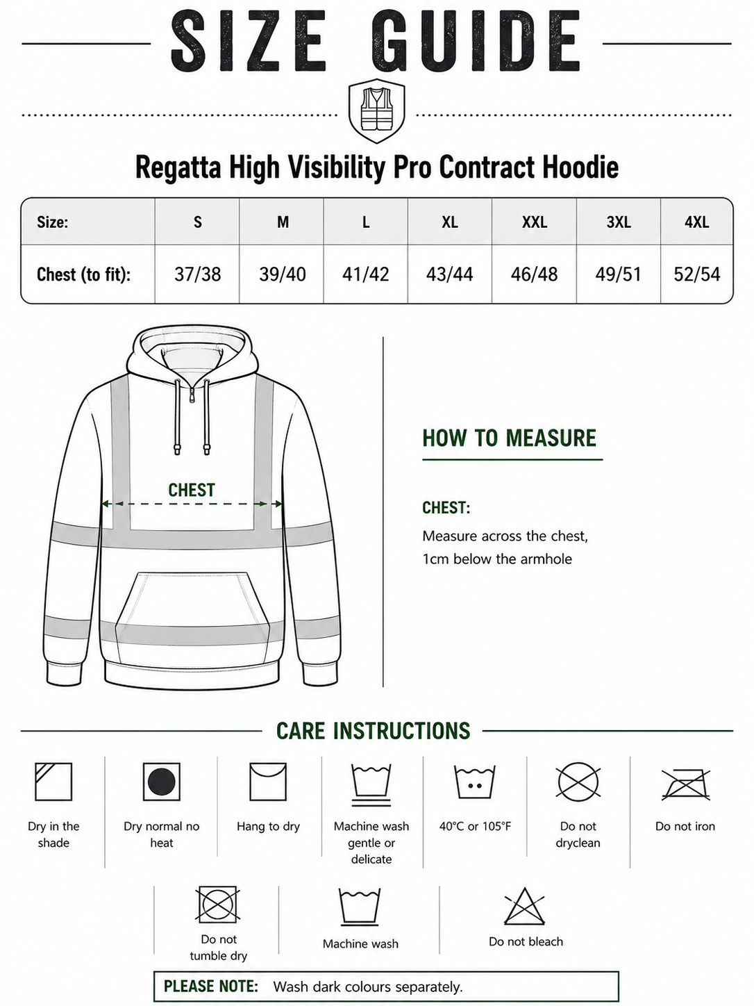 Size guide for Pro RTX High Visibility Waistcoat