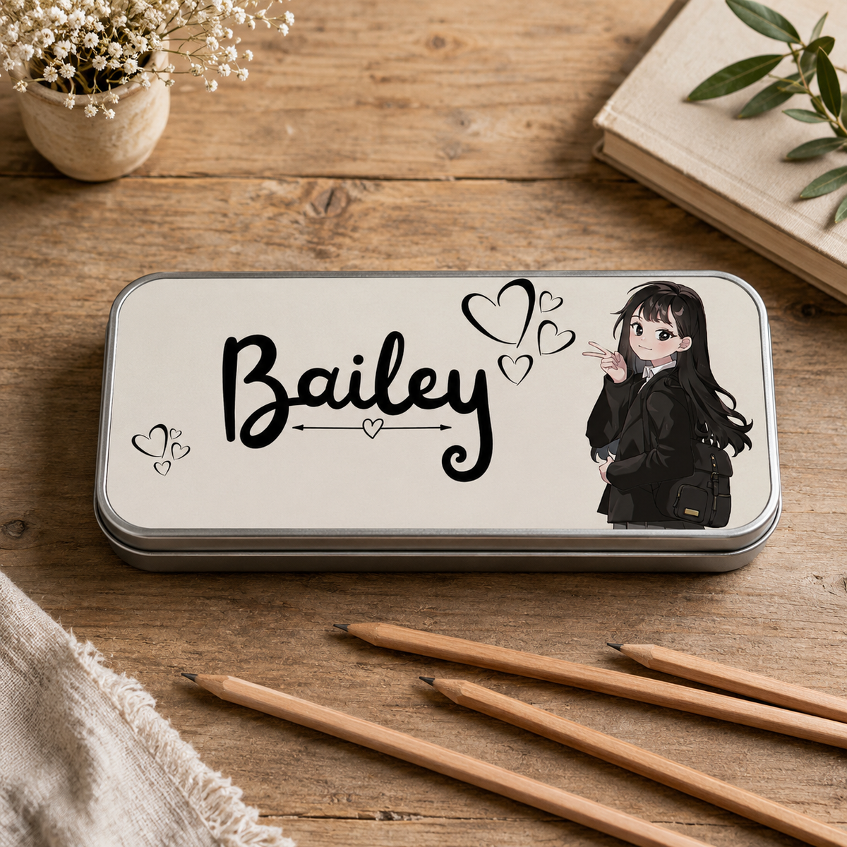 Personalised Metal Pencil Tin Anime Girl