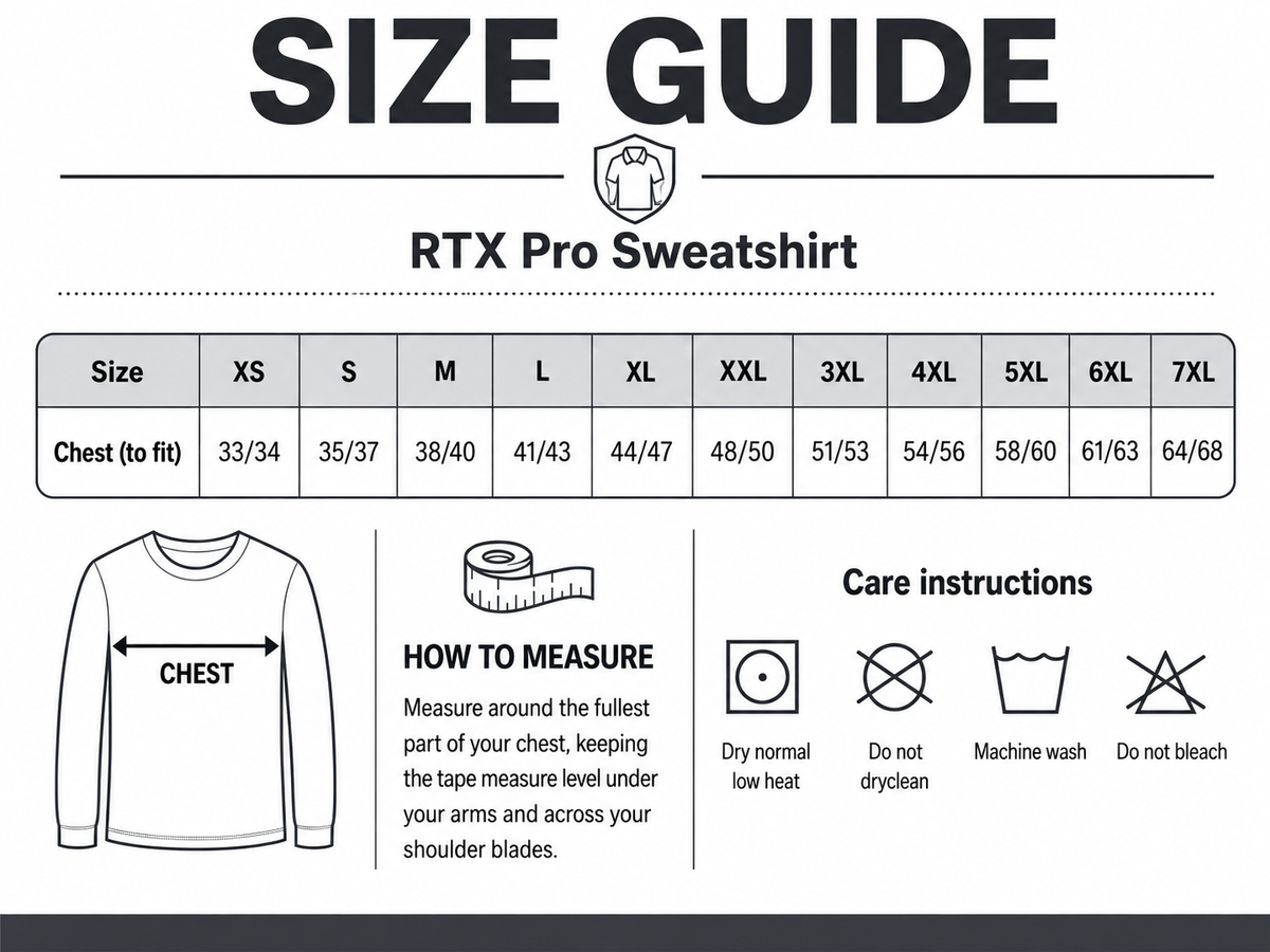 Size guide for RTX Pro Sweatshirt
