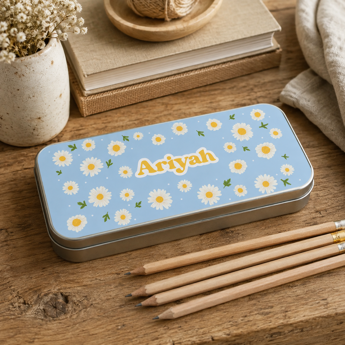 Personalised Metal Pencil Tin Blue Daisy