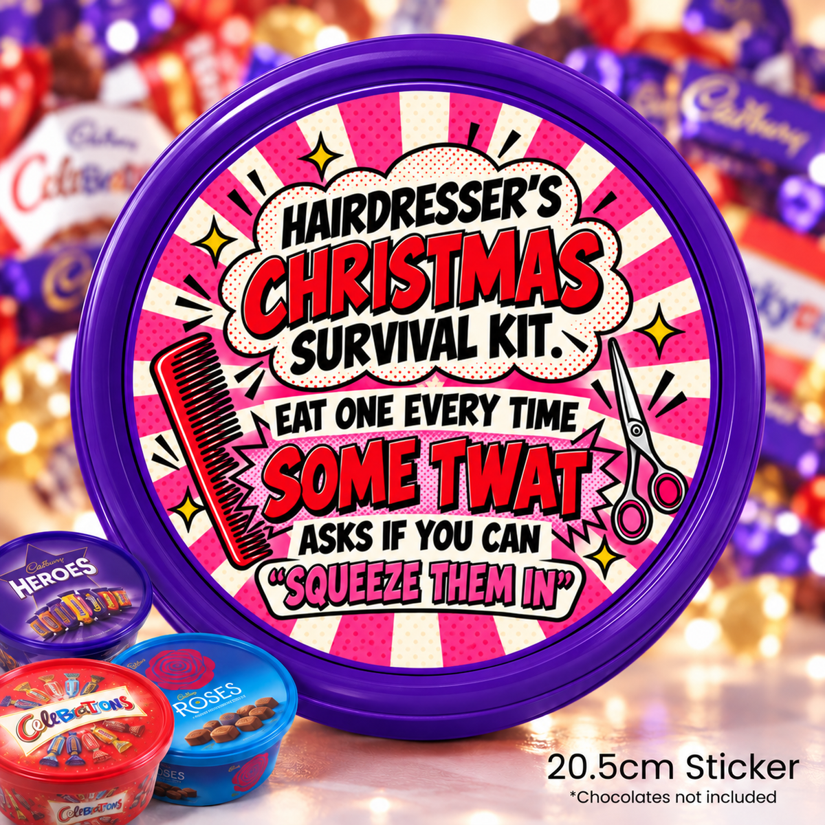 Funny Christmas Chocolate Tub Sticker – Hairdresser’s Christmas Survival Kit