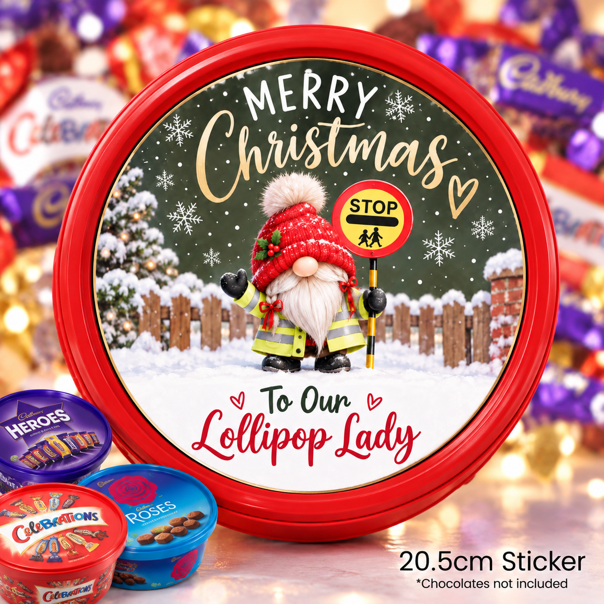 Christmas Chocolate Tub Sticker – Merry Christmas to Our Lollipop Lady Gonk Design