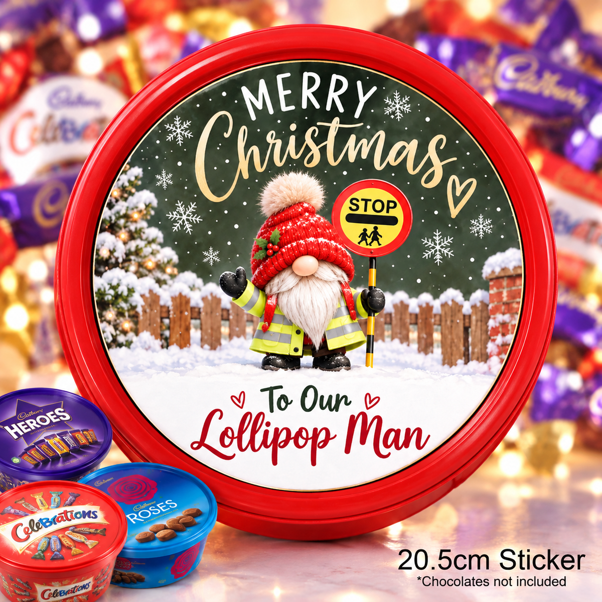 Christmas Chocolate Tub Sticker – Merry Christmas to Our Lollipop Man Gonk Design