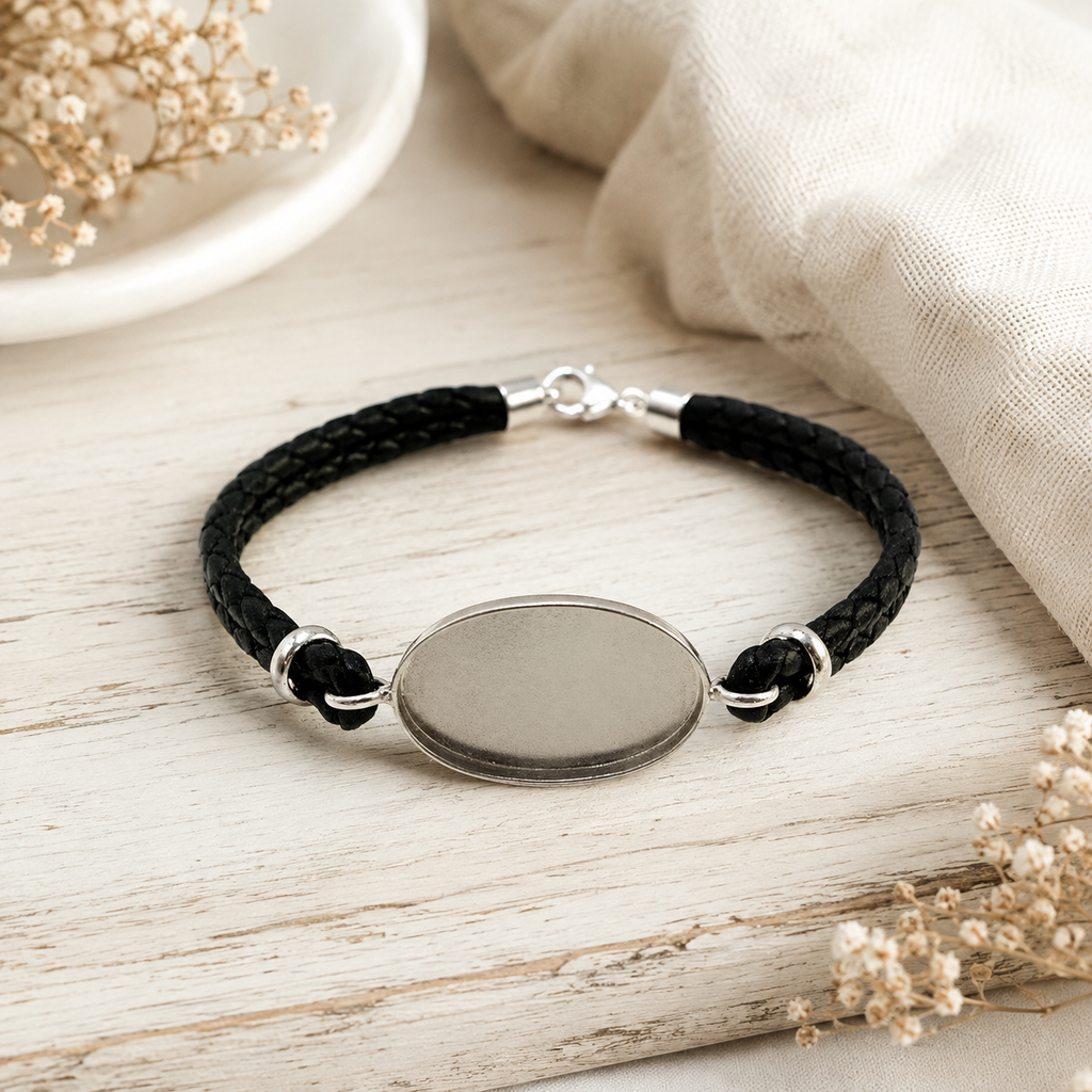 Gents Oval Silver Bracelet with Leather Strap
