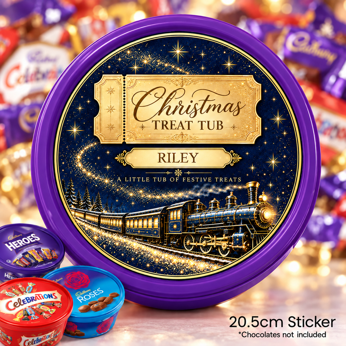 Personalised Christmas Treat Tub Sticker – Magical Navy & Gold Christmas Train Design