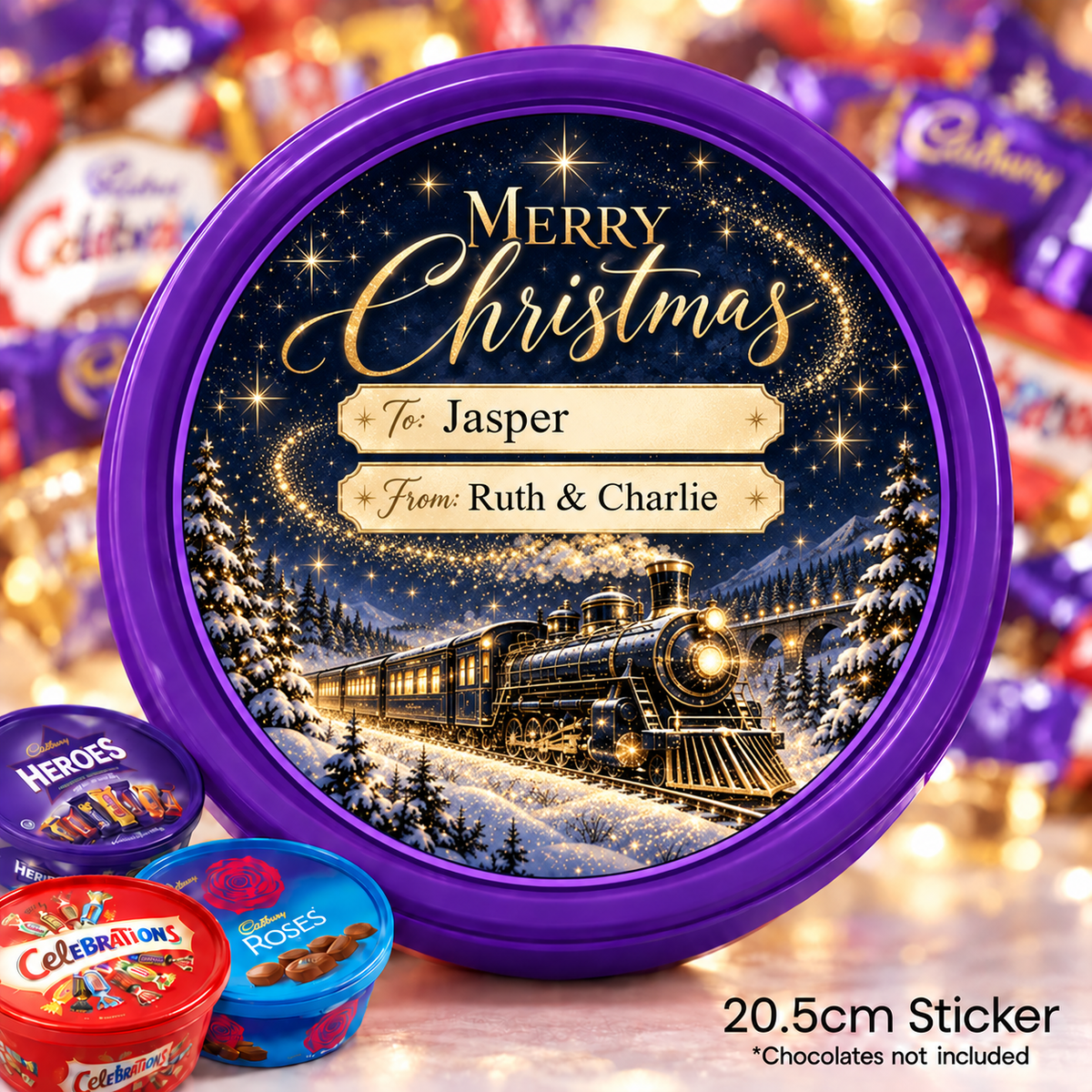 Personalised Christmas Chocolate Tub Sticker – Magical Navy & Gold Christmas Train