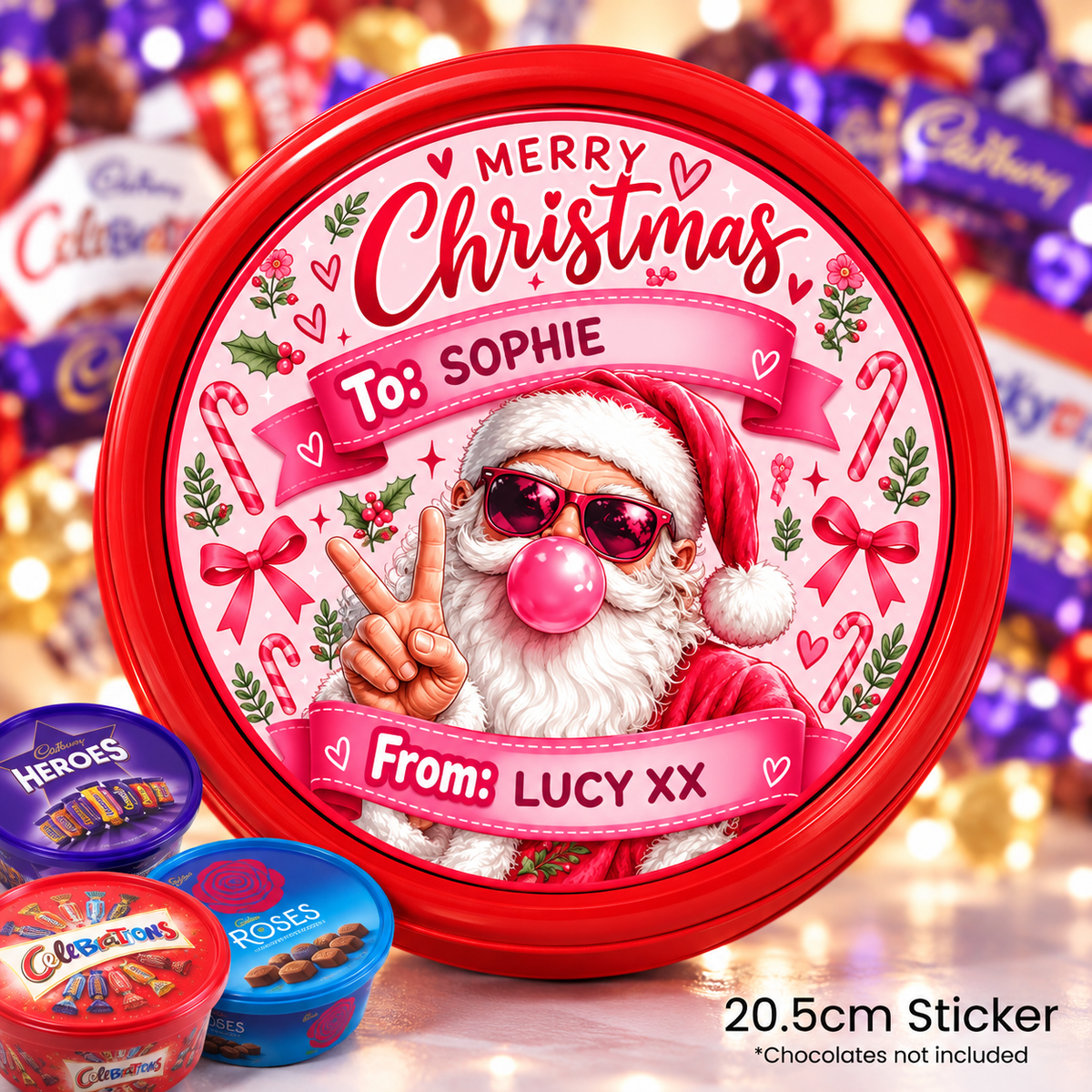 Personalised Christmas Chocolate Tub Sticker – Pink Santa