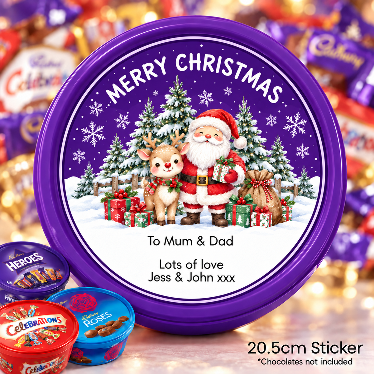 Personalised Christmas Chocolate Tub Sticker – Santa & Reindeer Snowy Christmas Design