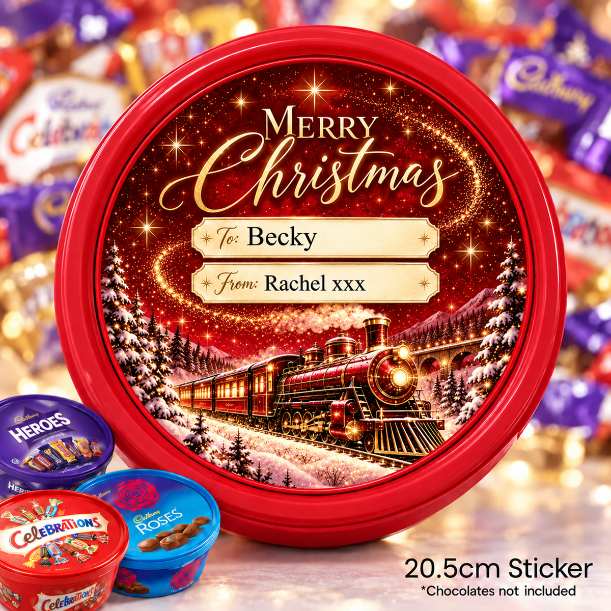 Personalised Christmas Chocolate Tub Sticker – Magical Red & Gold Christmas Train