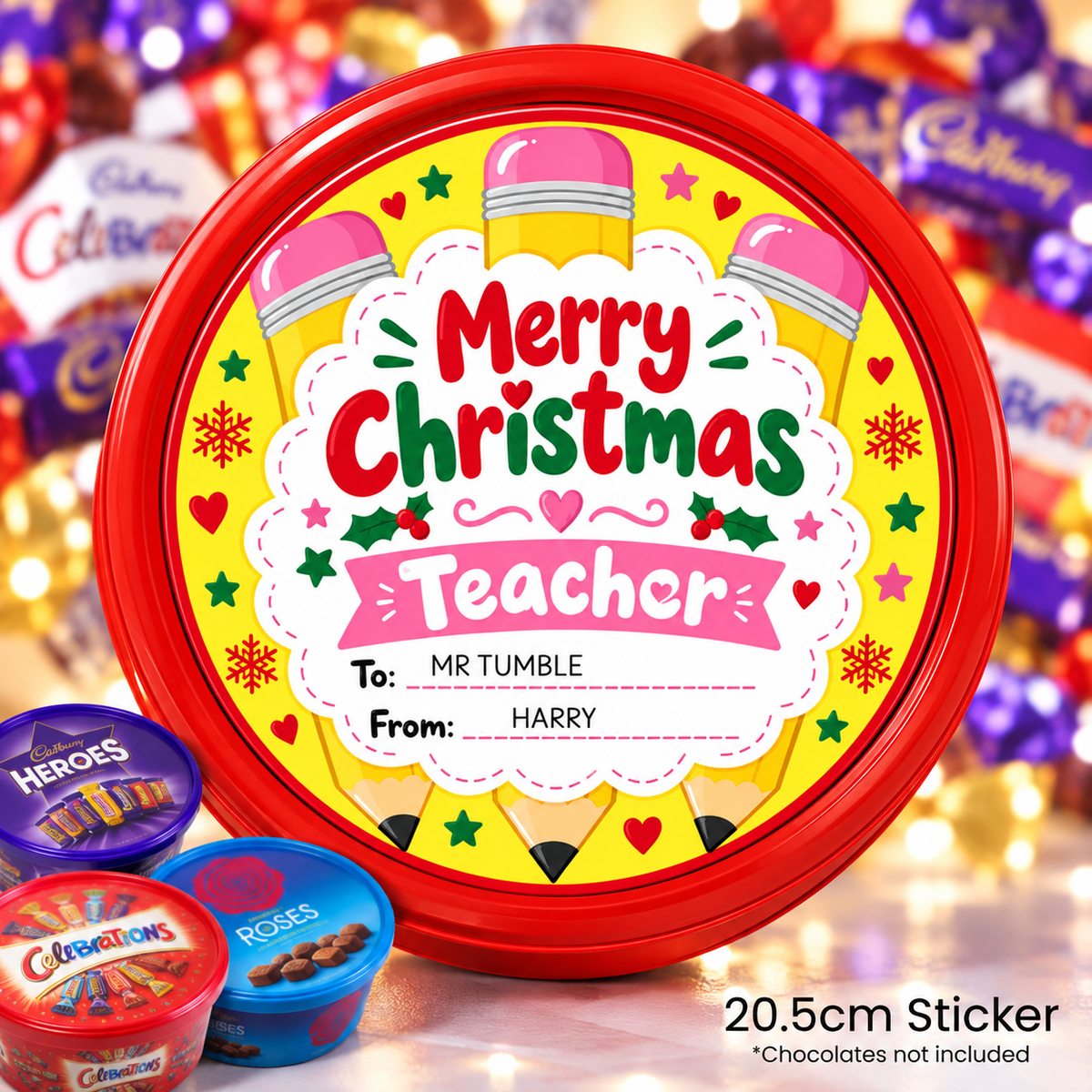 Personalised Christmas Chocolate Tub Sticker – Colourful Teacher Pencil Design