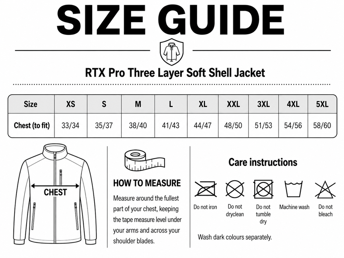 Size guide for RTX Pro Three Layer Soft Shell Jacket