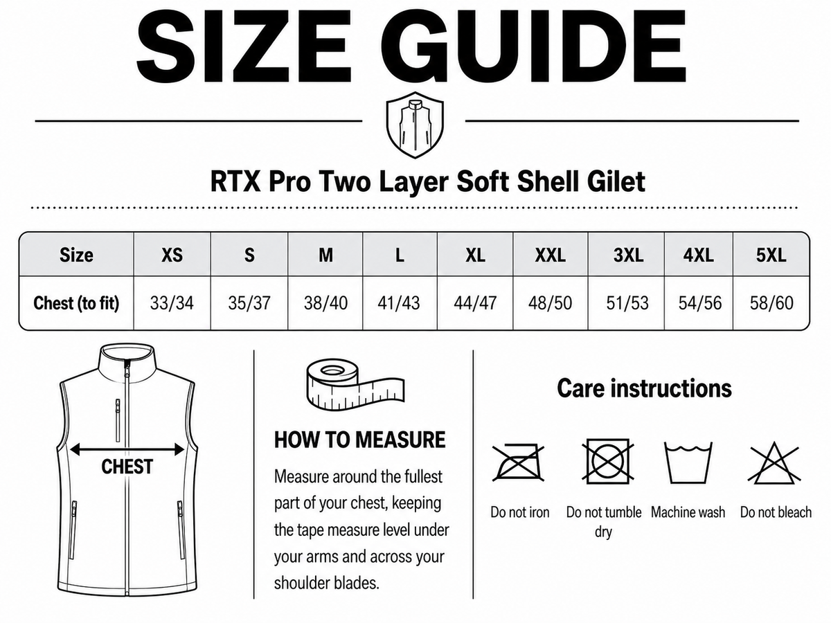 Size guide for RTX Pro Two Layer Soft Shell Gilet