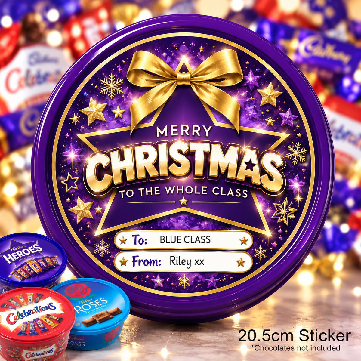 Personalised Christmas Chocolate Tub Sticker – Merry Christmas to the Whole Class – Purple